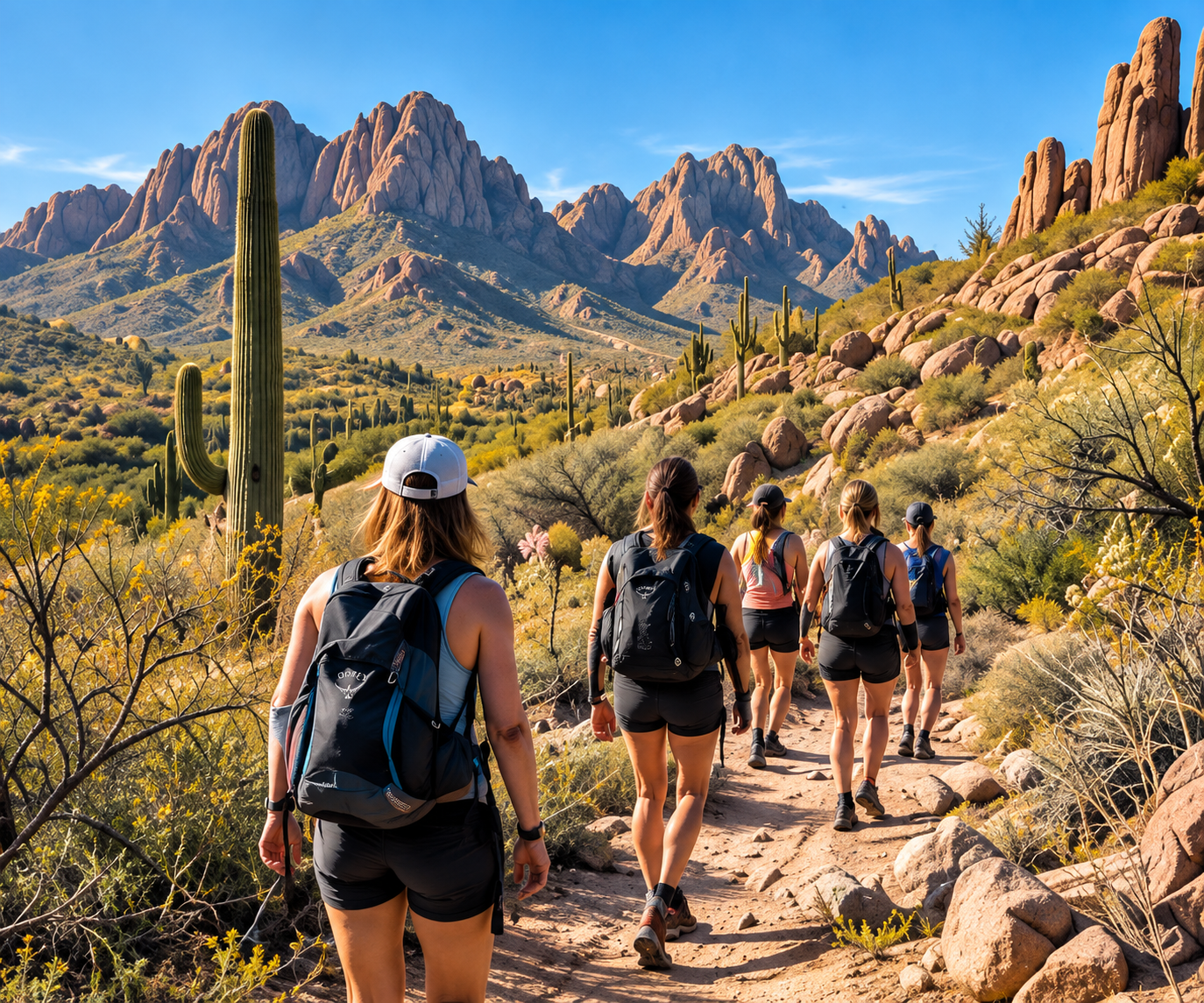 Women hiking a Sonoran Desert trail toward mountain peaks