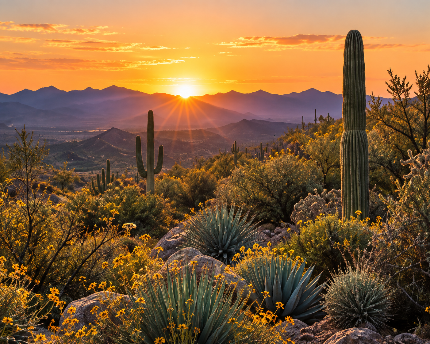 Sonoran Desert sunset with saguaros and mountain ridges