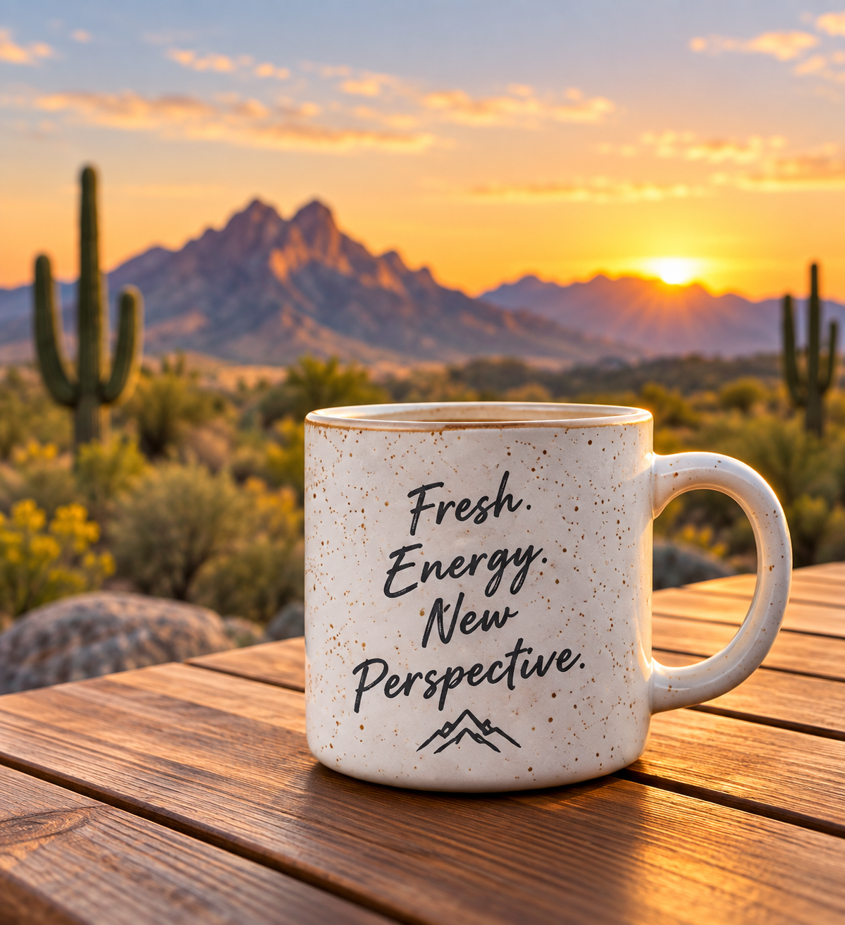 Speckled mug with desert sunrise view on a wooden table