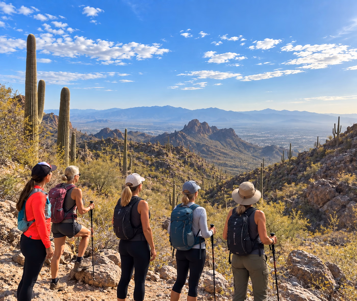 Women exploring Tucson desert trails on a THRIVE hike