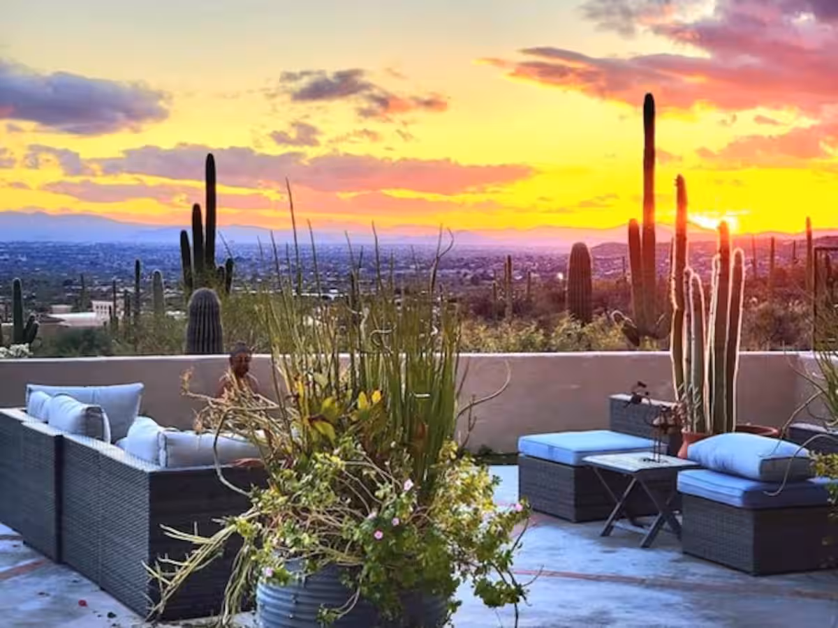 Outdoor patio with desert and mountain views